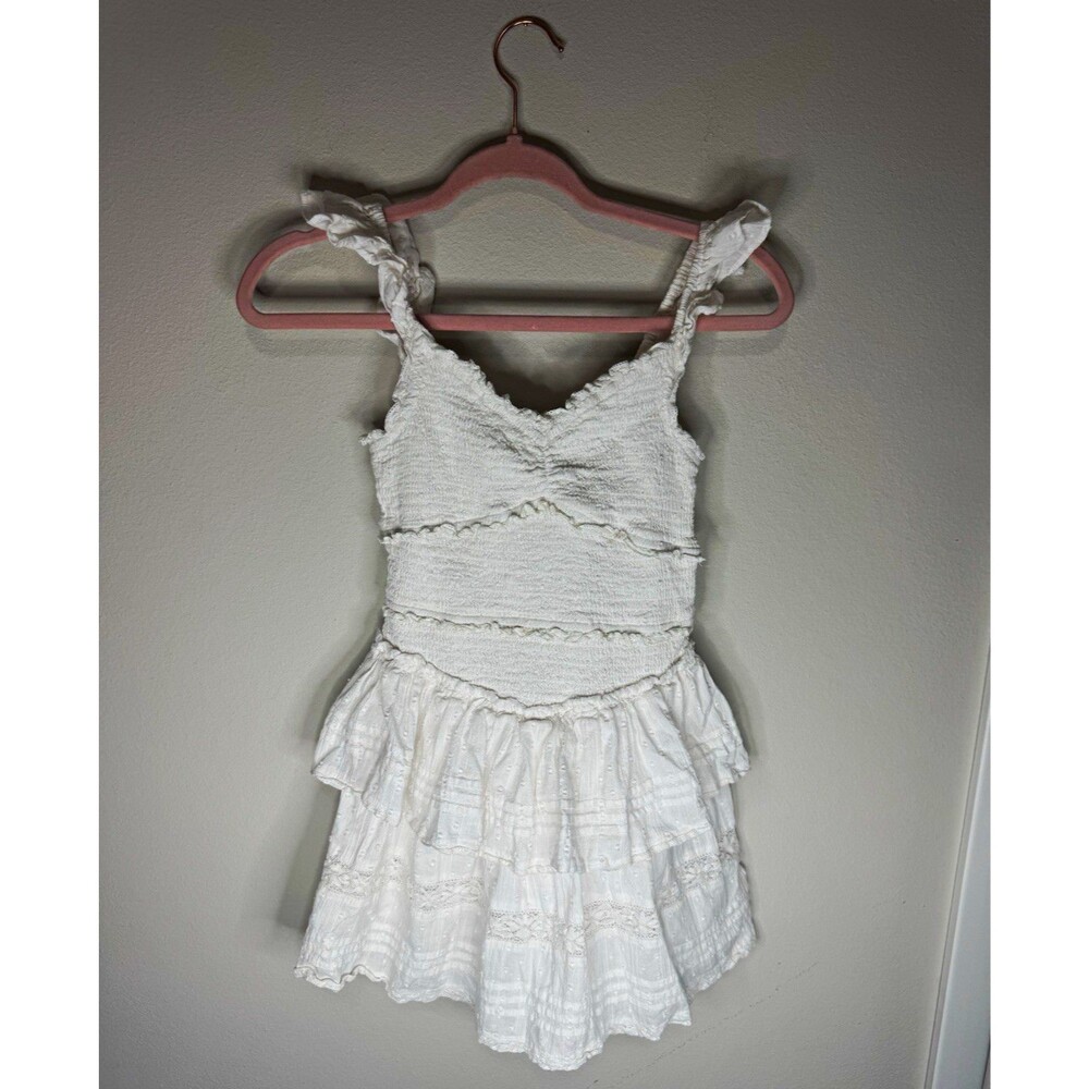 LoveShackFancy Girls 2XS White Cotton Smocked Ruffle V-Neck Sundress